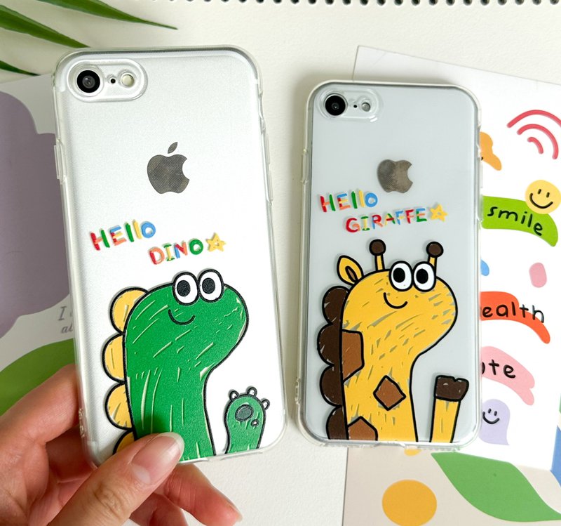 Crayons dinosaur giraffe iPhone mobile phone couple transparent case - เคส/ซองมือถือ - พลาสติก หลากหลายสี