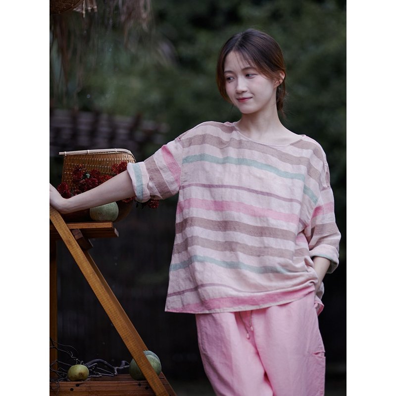 Glazed pink linen cotton horizontal stripe round neck light breathable pullover shirt - Women's Shirts - Cotton & Hemp 