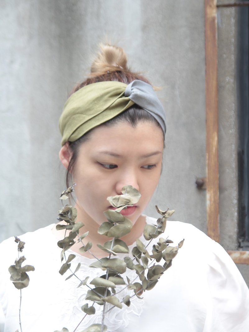 京都抹茶館系列 日本輕柔純棉亞麻布 手工十字髮帶 - 髮帶/頭箍 - 棉．麻 綠色