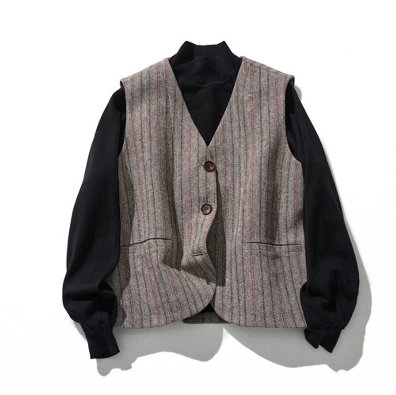 Stylish and distinctive striped vest in wool blend herringbone pattern fabric 231003-1 - Women's Casual & Functional Jackets - Cotton & Hemp 