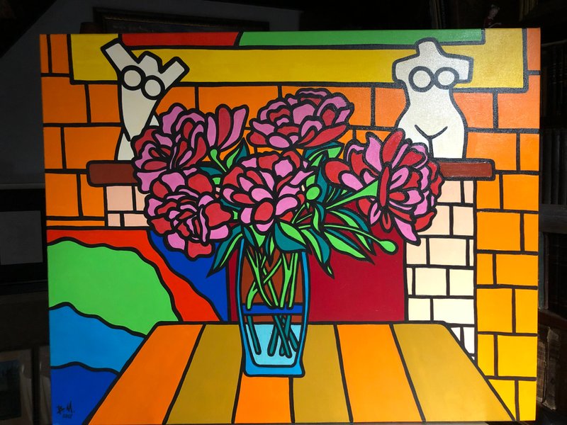 Peonies, Still Life, Pop Art and Modernism, Oil on Canvas, Wall Art, Home Decor - 壁貼/牆壁裝飾 - 棉．麻 多色