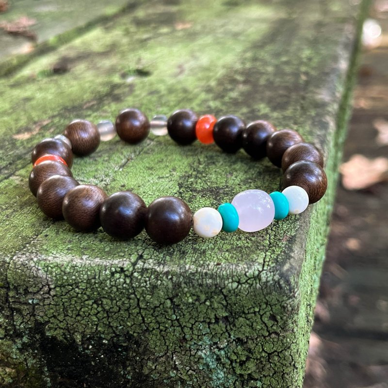 Sandalwood Southern Red Agate Turquoise Rose Quartz Mammoth Bracelet - สร้อยข้อมือ - ไม้ 