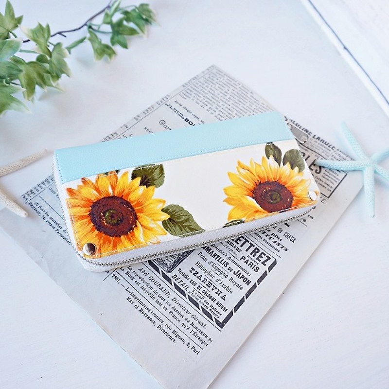 Blue sky sunflower round zipper long wallet 【light blue】 - Wallets - Waterproof Material White