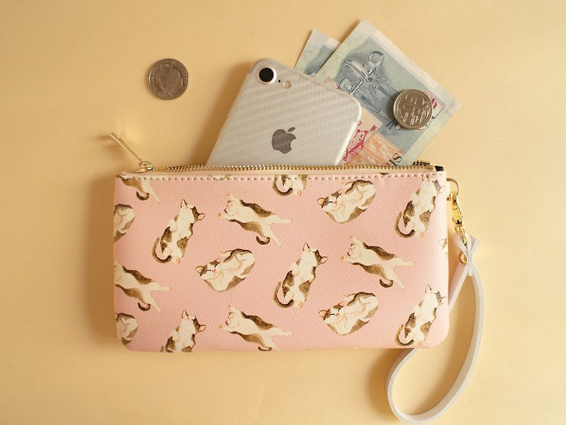 貓咪 小貓 零錢包 手拿包 收納包 錢夾 護照包 手機包 - 零錢包/小錢包 - 真皮 粉紅色