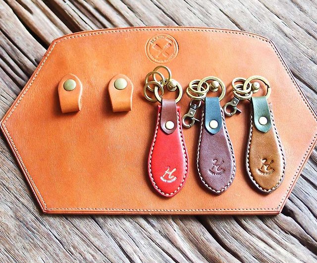 Handmade genuine leather Japanese style hand-dyed Daruma circle key ring  charm magnet refrigerator magnet - Shop mao.leather Keychains - Pinkoi