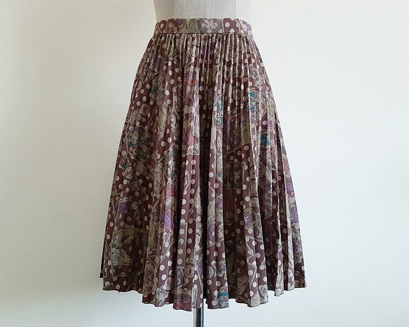 25 Waist Vintage Brown Polka Dot Skirt Womens Baroque Print Skirt Pleated Skirt - 裙子/長裙 - 聚酯纖維 咖啡色