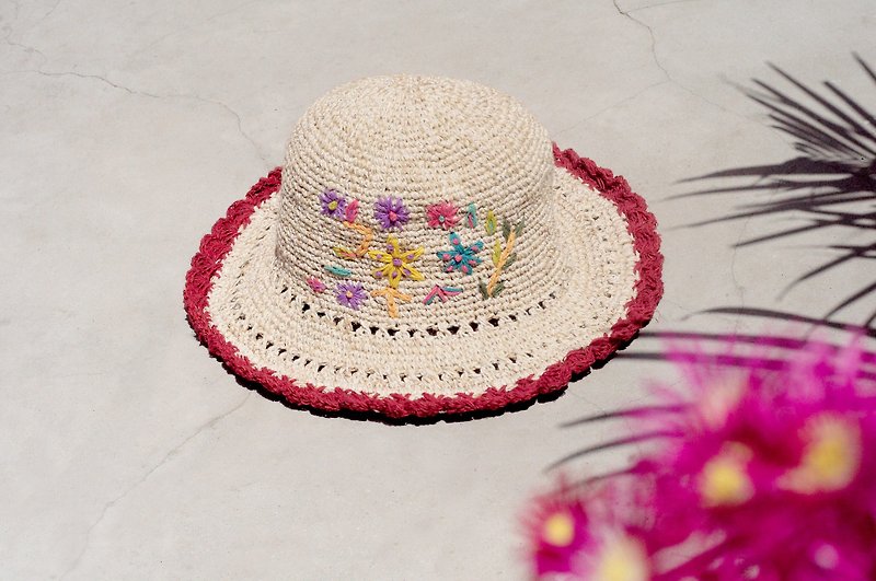 Valentine's Day gift a limited edition of hand-woven cotton Linen cap / knit cap / hat / visor / hat / straw hat - Boho rainbow embroidered flowers forest wind (red) - หมวก - ผ้าฝ้าย/ผ้าลินิน หลากหลายสี