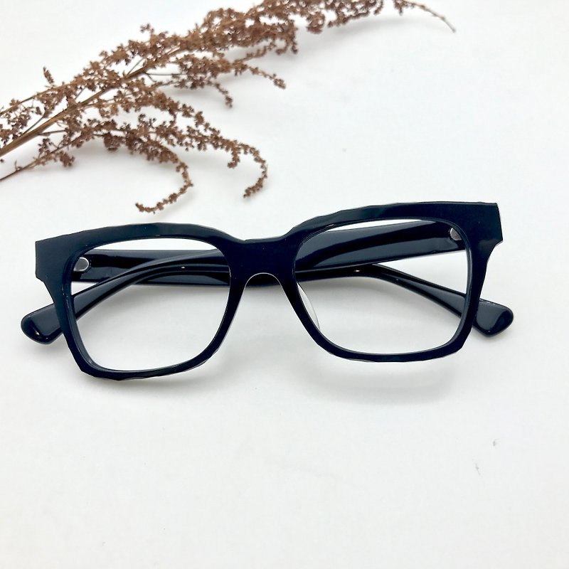 厚手の黒手作りと手彫りの長方形の眼鏡 - 眼鏡・フレーム - プラスチック ブラック