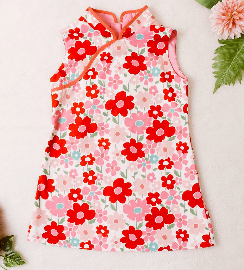 【兒童】職人手作旗袍洋裝 – 女孩兒們的野餐 - 童裝裙 - 棉．麻 粉紅色