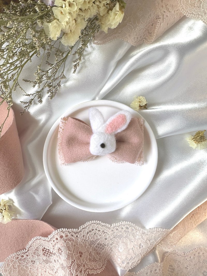 羊毛氈兔兔蕾絲蝴蝶結夢幻嬰兒兒童髮夾新生兒頭飾寶寶髮飾 - 嬰兒手鍊/飾品 - 羊毛 粉紅色