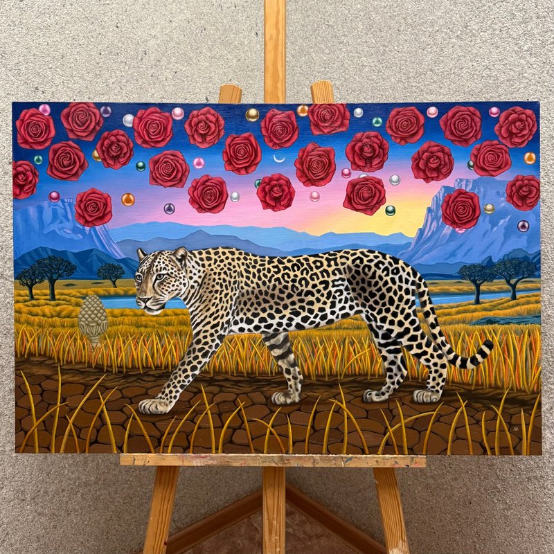 Crescent Moon, oil painting, oil on canvas, leopard animal, landscape symbolism - 壁貼/牆壁裝飾 - 其他材質 多色