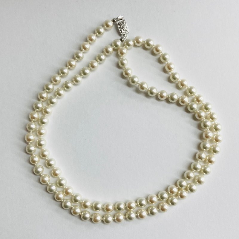 Glass mix pearl 2-way all-knot long necklace/8mm approx. 90cm/cream x white/R/made in Japan - Necklaces - Glass White