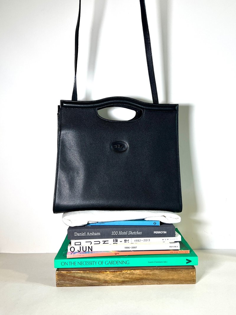 Longchamp black leather tote bag shoulder and side crossbody bag handbag second-hand beauty vintage - กระเป๋าแมสเซนเจอร์ - หนังแท้ สีดำ