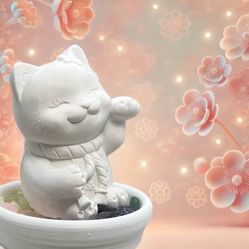 Lucky Five Elements Crystal Ore Expansion Flower Ear Lucky Cat Small Plate Set Crystal Lucky Good Luck - Fragrances - Cement White