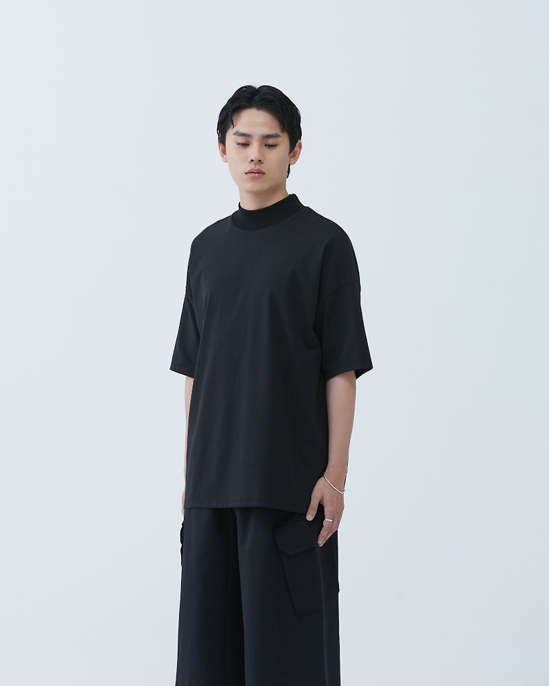 High collar simple short TEE (black) - Men's T-Shirts & Tops - Cotton & Hemp Black