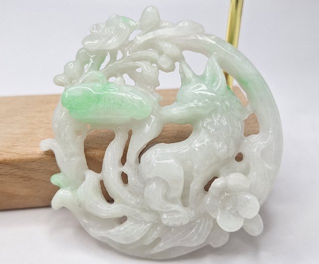 【​限​定​販​売​】 溫潤白底青飃花手工雕刻九尾狐圓牌吊墜|天然緬甸玉A貨翡翠緣圓 その他