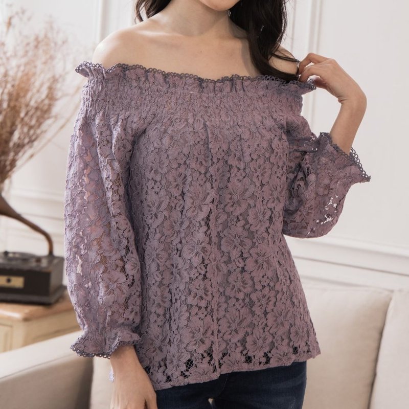簍空繡花蕾絲兩穿上衣  紫 - 女上衣/長袖上衣 - 聚酯纖維 紫色