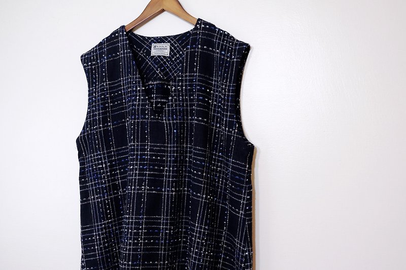 V-neck wool vest dress/dark blue glitter plaid - One Piece Dresses - Wool Multicolor