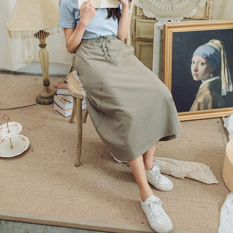 Annie Chen 2018 summer new literary women's waist drawstring knit skirt - Skirts - Cotton & Hemp Khaki