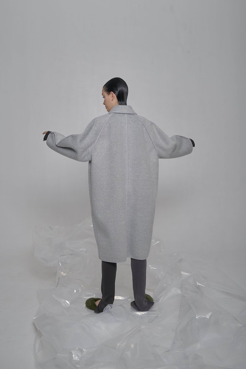 Blue-gray wool multi-pocket cocoon coat - Women's Tops - Other Materials Gray
