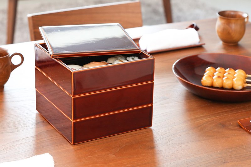 Motoda Lacquerware Japanese Square Three-Tier Box - Lunch Boxes - Wood Brown