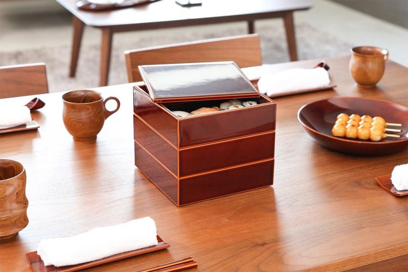 Motoda Lacquerware Japanese Square Three-Tier Box - Lunch Boxes - Wood Brown