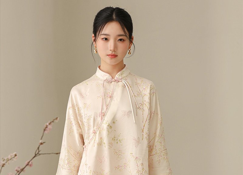 春爛漫 新中式中國風 提花桑蠶絲上衣/半裙 - 女上衣/長袖上衣 - 絲．絹 白色