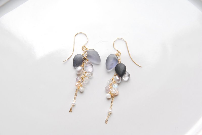 Iolite leaf and various Stone earrings 14kgf - ต่างหู - เครื่องประดับพลอย สีน้ำเงิน