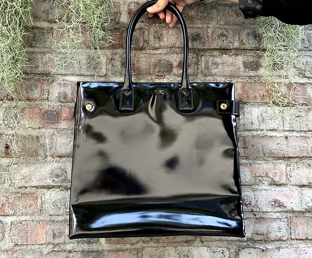 Italian GUCCI Medieval Black Patent Leather Square Large Handbag