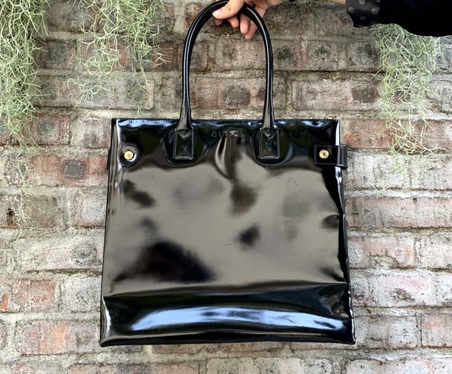 Italian GUCCI Medieval Black Patent Leather Square Large Handbag