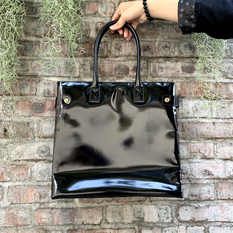 意大利GUCCI中古黑色漆皮方型大手袋包包 高級二手古著珠寶首飾 - 手提包/手提袋 - 人造皮革 黑色