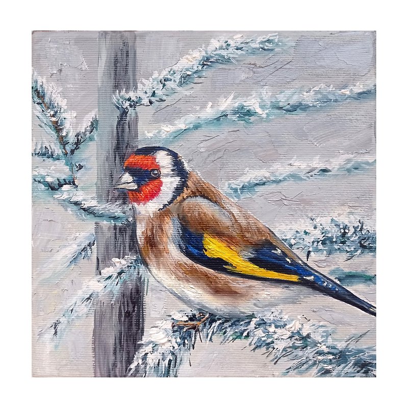 Bird Painting, Handmade Painting On Canvas, Original Art, Hanging Painting, 金翅雀 - โปสเตอร์ - วัสดุอื่นๆ สีเทา