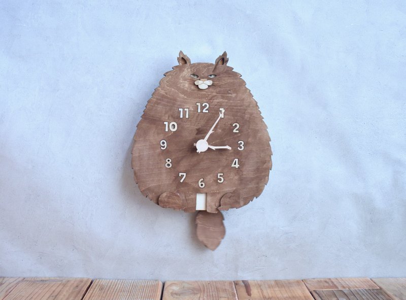 Walnut color cat, long hair, regular size clock, wooden pendulum clock, wall clock - Clocks - Wood Brown