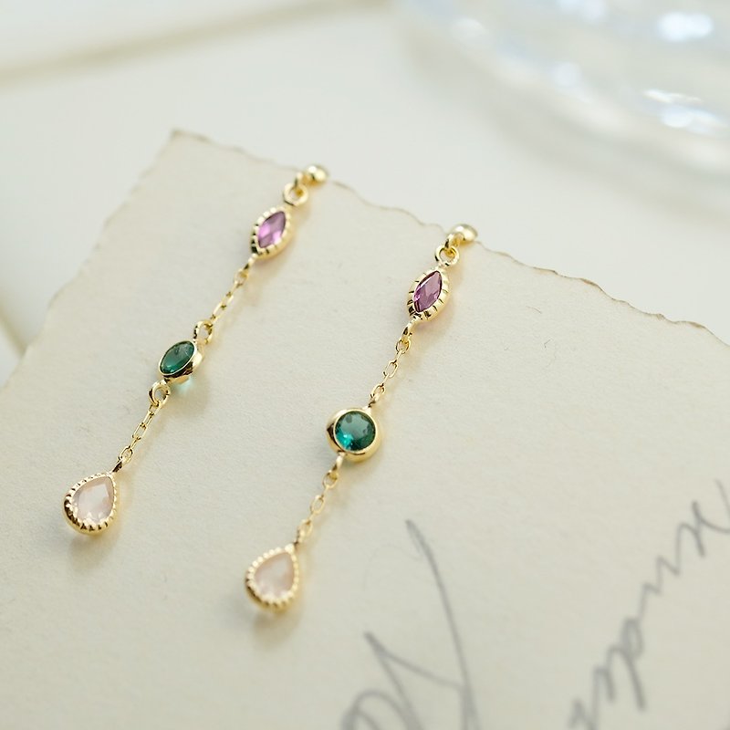 18K three colorful Gemstone earrings - ต่างหู - เครื่องประดับ สีทอง