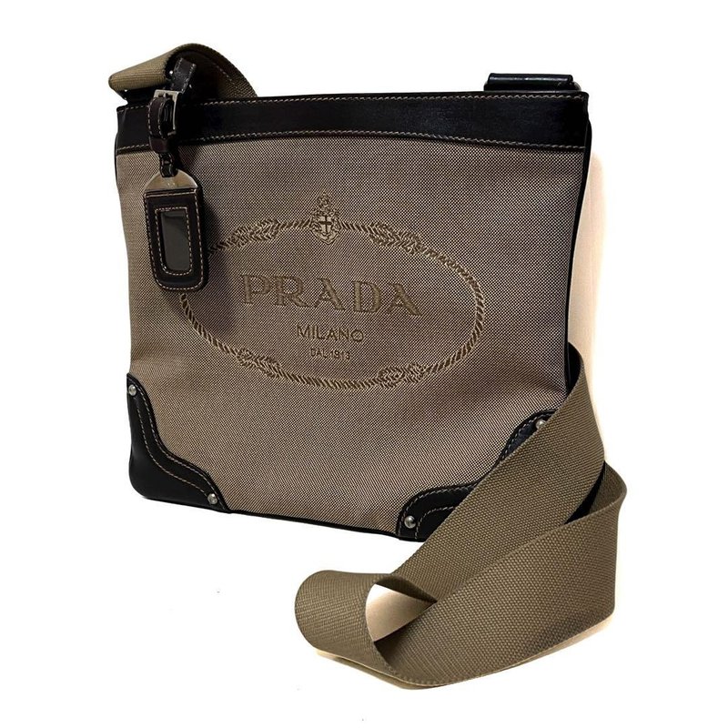 本物 PRADA プラダ ジャガード ロゴ ショルダーバッグ キャンバス ベージュ ブラウン 中古 - 側背包/斜背包 - 其他材質 