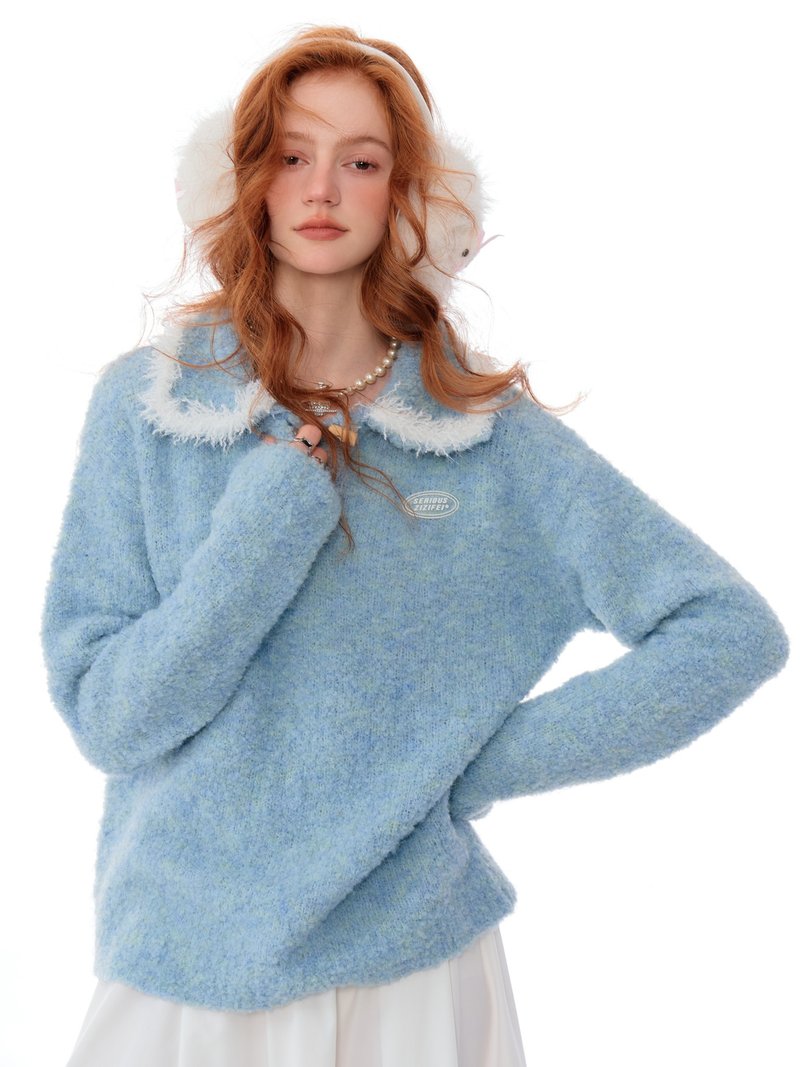 ziziFei autumn and winter American retro warm soft thick furry loose polo doll collar sweater for women - Women's Sweaters - Other Materials Blue