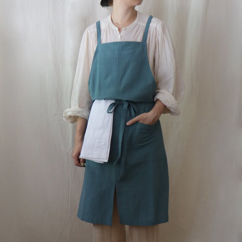 Ayuno small slit back strap apron Teal-green.dark blue - Aprons - Cotton & Hemp Blue