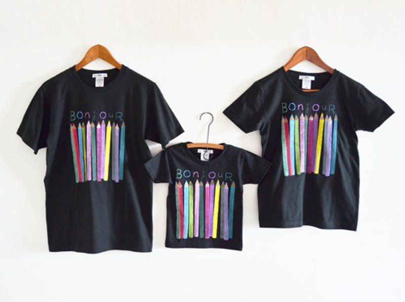 Parent and child 3 matching color pencil T-shirt set parent and child matching coordination black - เสื้อผู้หญิง - วัสดุอื่นๆ 