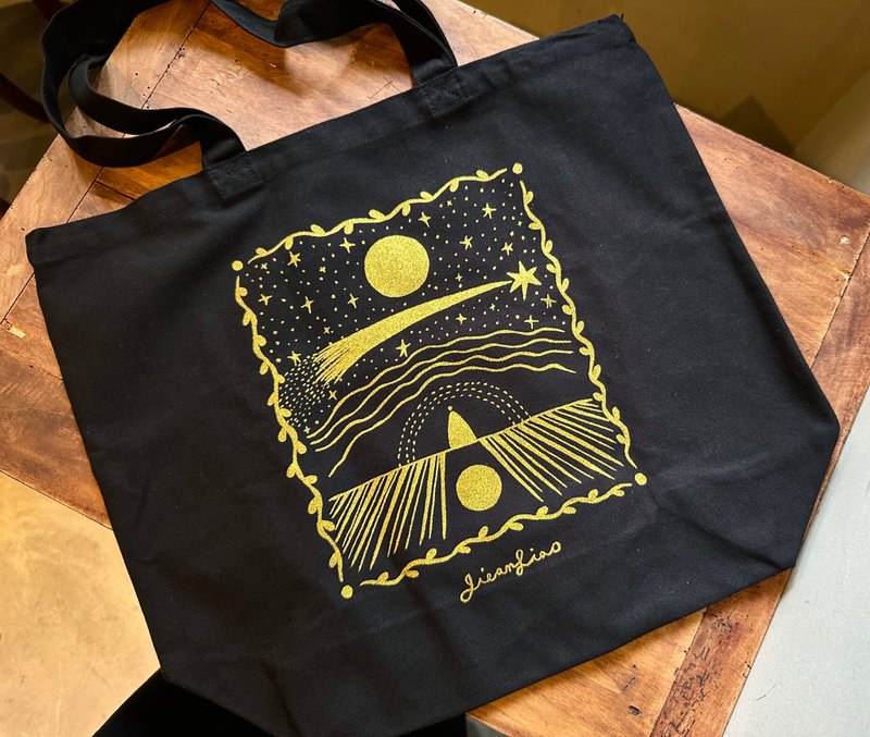 Jie-an Liao - The cosmos and me gold and silver double-sided silk print tote bag - black - Handbags & Totes - Cotton & Hemp 