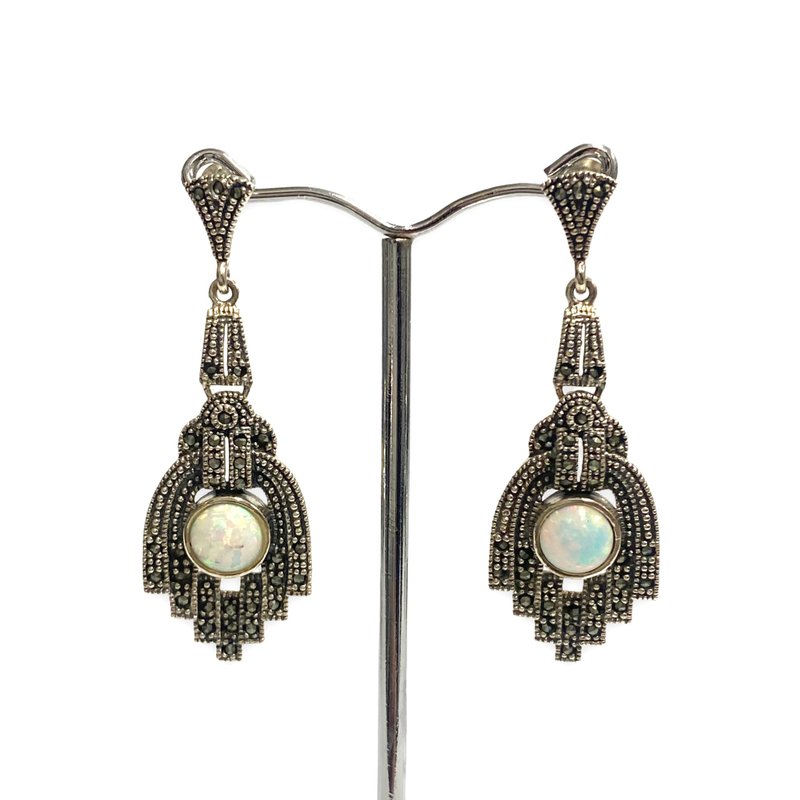 Victorian Style Large Gilson Opal Set Pendant and Earrings 925 Sterling Silver - 耳環/耳夾/耳骨夾 - 純銀 銀色