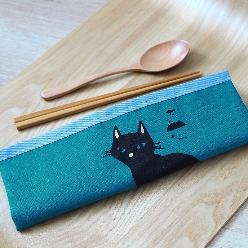 All-in-one cutlery set GoodafternoonworkXPearlCatCat hand-printed black cat - Other - Cotton & Hemp Green