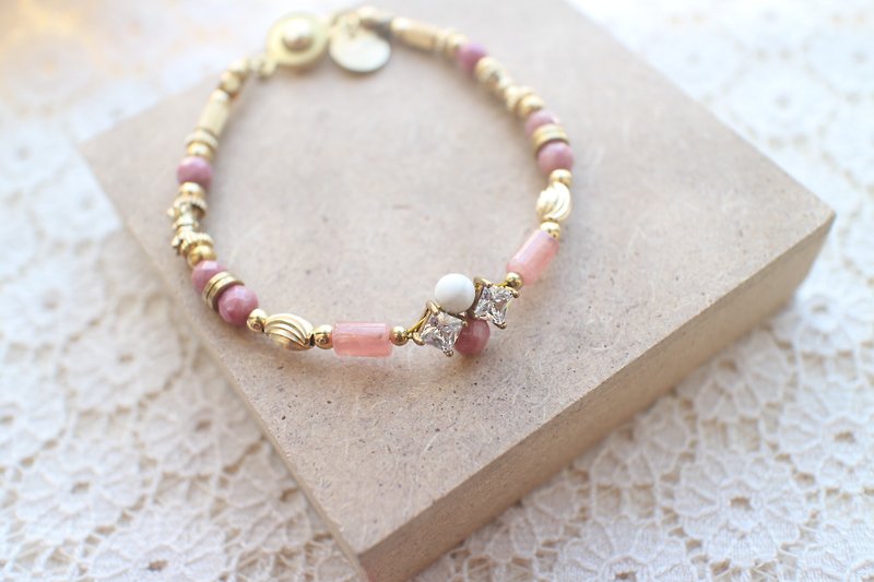 The Pink~ Rhodochrosite/ zircon/ Howhite/ brass handmade bracelet - Bracelets - Other Metals 