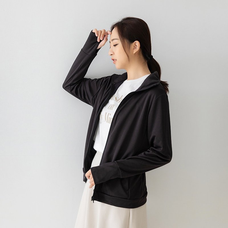 UPF50+ moisture wicking women's sunscreen jacket_ stand-up collar black - เสื้อแจ็คเก็ต - เส้นใยสังเคราะห์ สีดำ