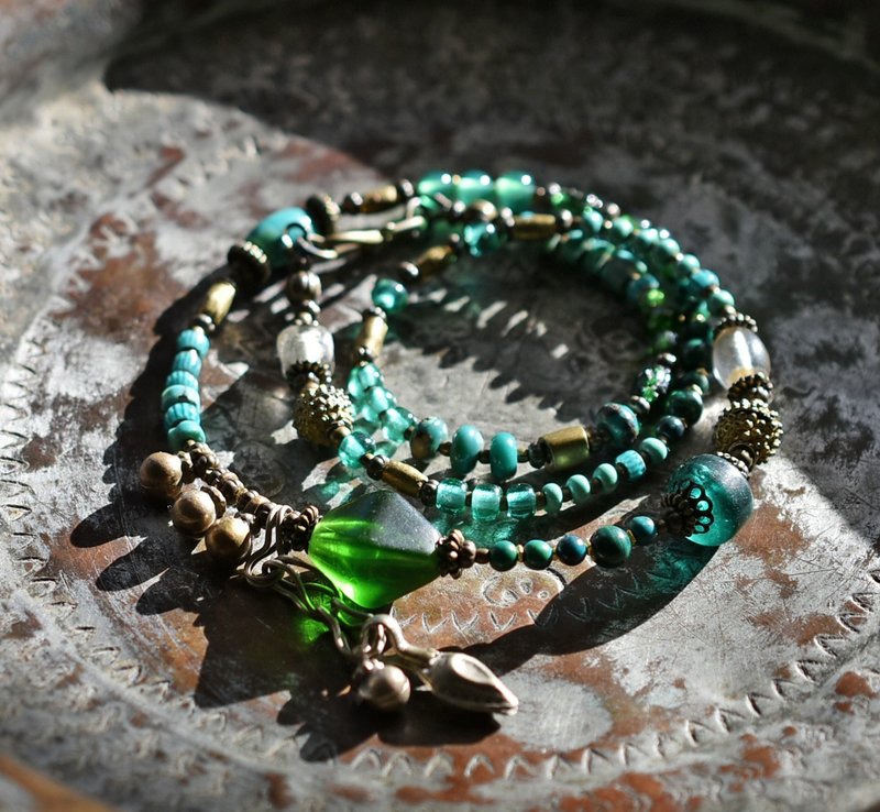 Necklace with Green Bohemian Beads, Afghan Components & Ethnic Bells, Clear Beads, Beaded Brass, Various Green Beads, Turquoise & Chrysocolla & Malachite - สร้อยคอ - แก้ว สีเขียว