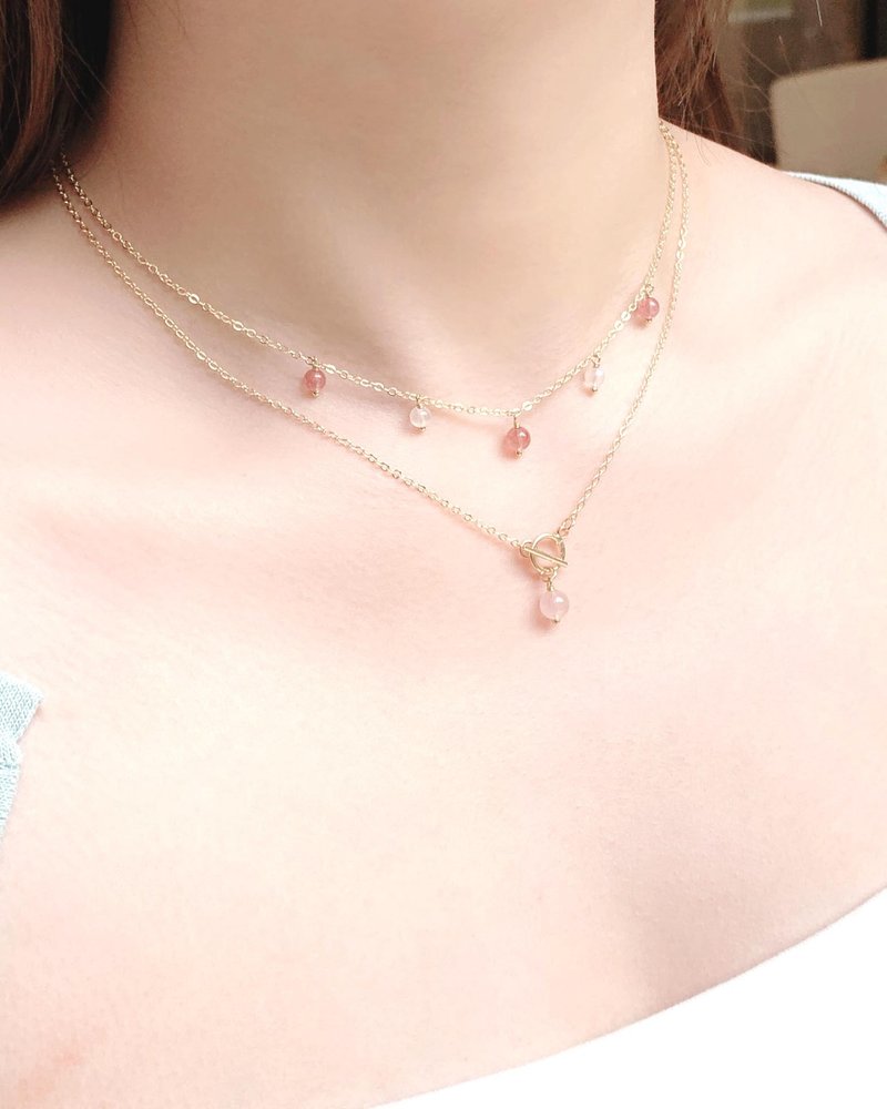 Strawberry crystal moonstone rose quartz 14K gold-filled necklace | natural crystal necklace necklace - Necklaces - Crystal Pink