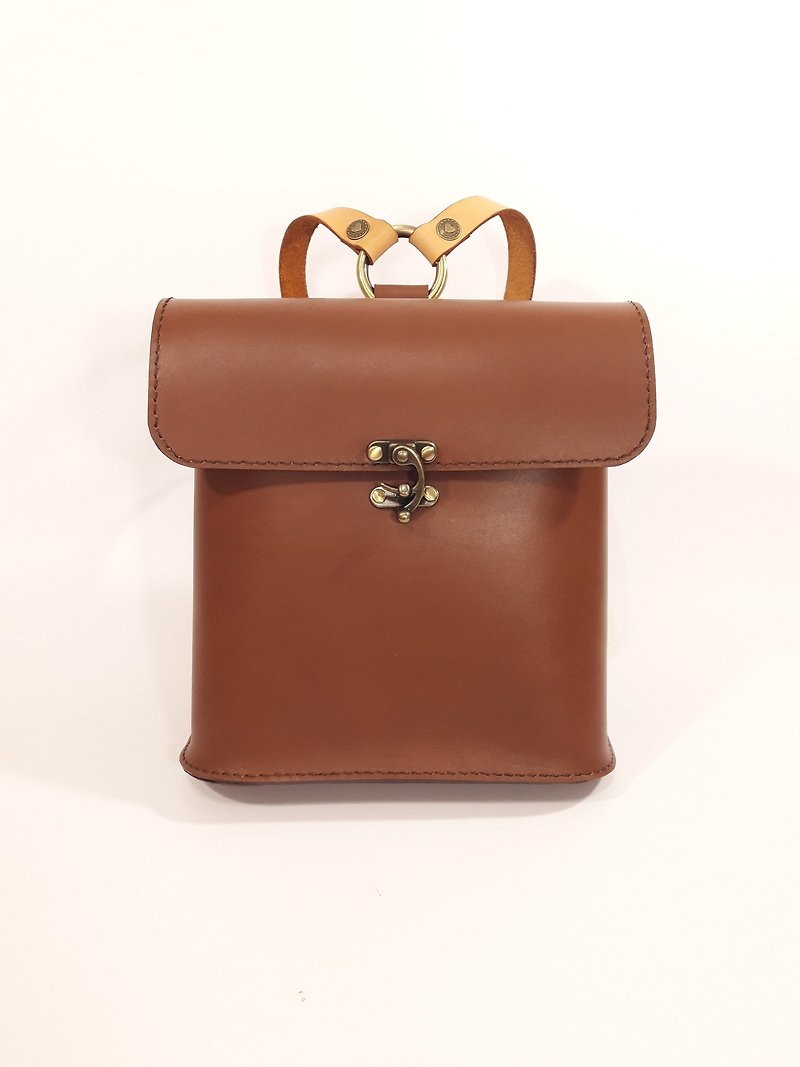 Genuine leather hand-made limited Japanese minimalist backpack school bag backpack - กระเป๋าเป้สะพายหลัง - หนังแท้ สีนำ้ตาล