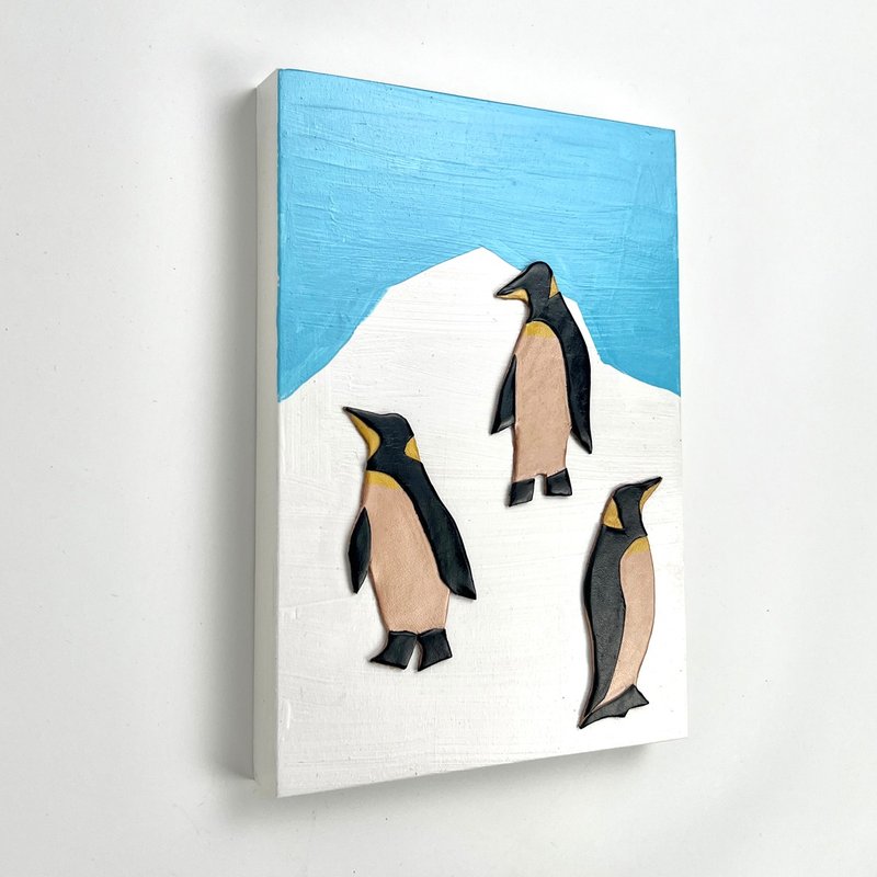 Leather collage art / Penguin - โปสเตอร์ - ไม้ ขาว