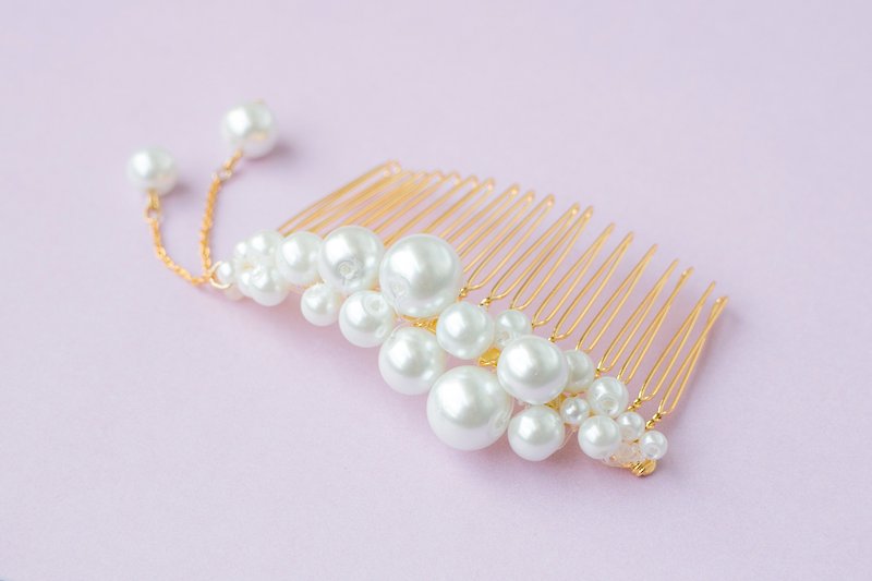 ✳︎ gloss Pearl: * ♫ sum to Hair Comb ✳︎ Yurari N yukata with pearl ornaments ♡ gold color or yukata or kimono party pearl comb adult cute ♡ hairpin - เครื่องประดับผม - โลหะ สีทอง
