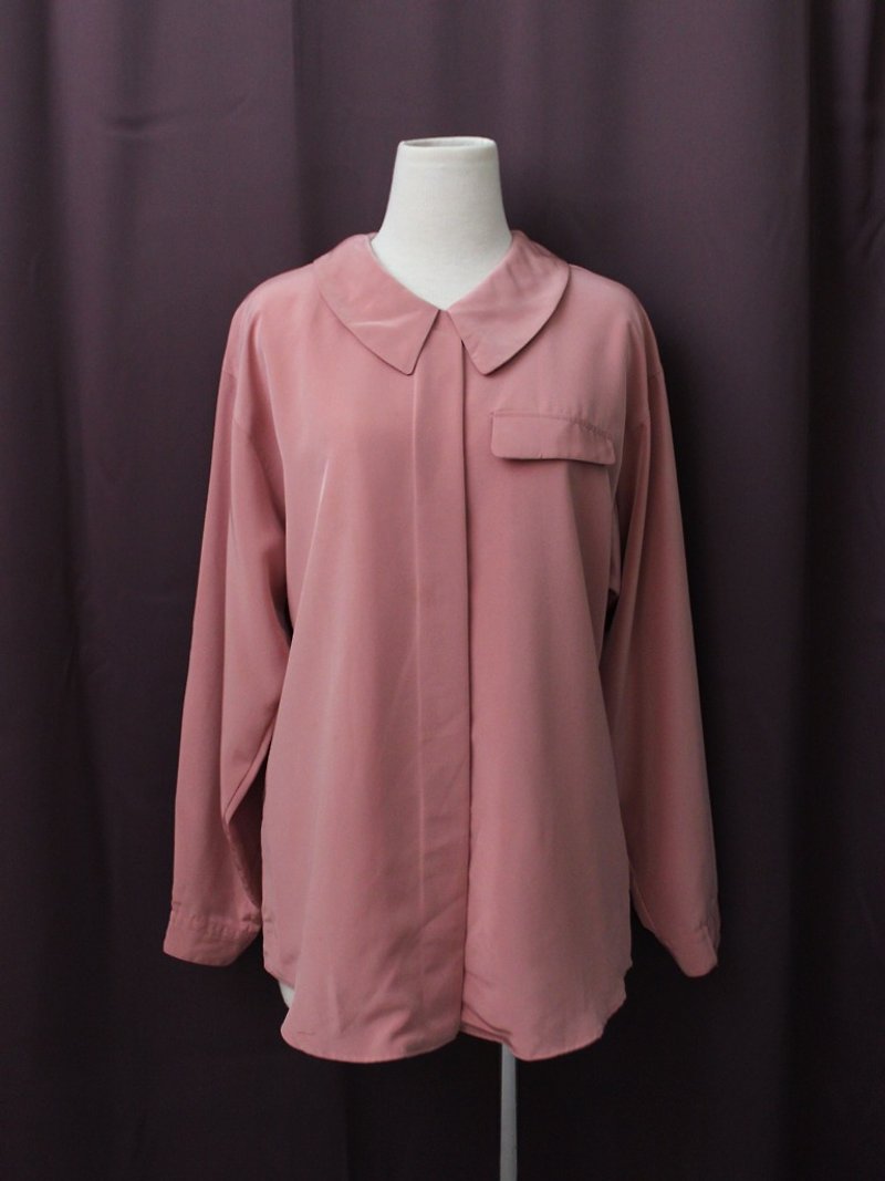 【RE1123T299】秋冬日本製復古藕粉色翻領簡約長袖古著襯衫 - 女襯衫 - 聚酯纖維 粉紅色