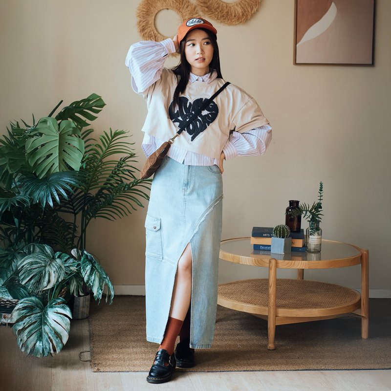 【ad-lib women】洗水牛仔開衩長裙 - 藍色//黑色 (DS026) - 裙子/長裙 - 棉．麻 藍色